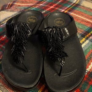 FitFlop Black beaded Sandals. Patent leather and faux crocodile accents.